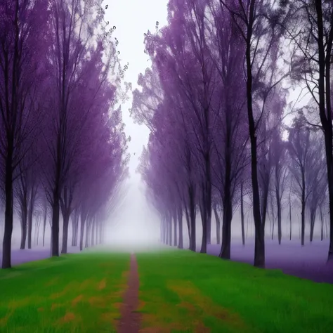 a close up of a tree in a field with fog, a picture by Jonathan Solter, pixabay, romanticism, beautiful misty wood, misty wood, lpoty, purple fog, misty atmosphere, misty forest scene, purple mist, (mist), misty garden, light purple mist, mist, misty mood,...