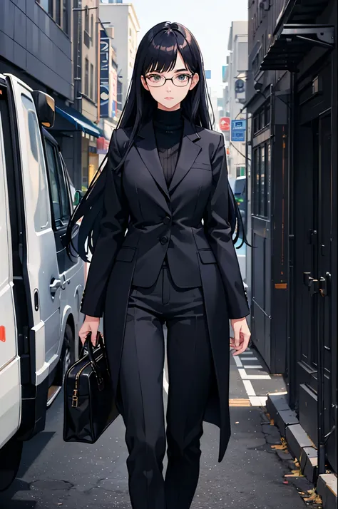 1woman, tall, navy hair, navy eyes, glasses, black suit, standing on ground, high res, ultra sharp, 8K, masterpiece