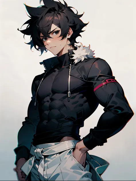 1male ,Young Male, Medium Length Hair , Wavy Hair,Spiked Hair , Shaggy Hair , Black Hair, Black Eyes , Somber Expression , Muscular Build , White Long-sleeve Compression Shirt , Jacket Tied Around Waist , Baggy White Pants  