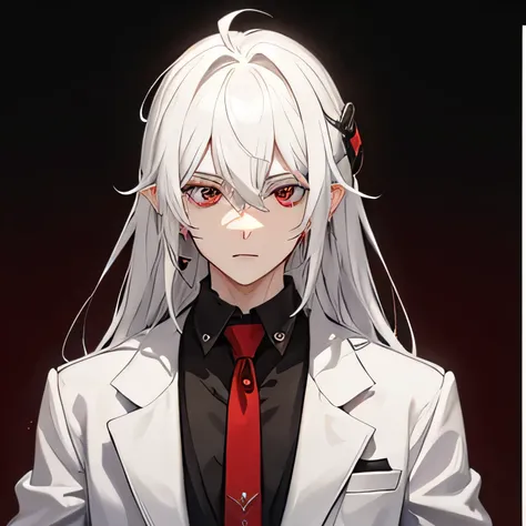 A 20-year-old teenager ,  with white hair that covers his ears, red eyes