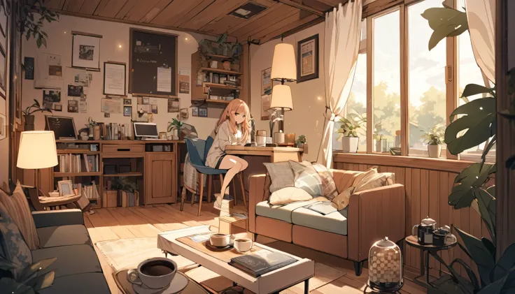 A girl in her twenties, coffee, a cozy room, a relaxed atmosphere with music playing