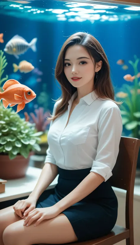 Portraiture、Miniature photo style、One Girl、Focus on the girl、Brown Hair、Shortcuts、(((Large aquarium、aquarium)))、Houseplants、Succulents、Beautifully laid out、Perfect blurred background、Well-coordinated room、Sit on a chair、Please redeem、Highest quality、Ultra-...