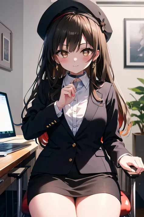 kotegawayui, Yui Kotegawa, black hair, (brown eyes:1.5), smile,blush,collect,long hair, OL, Gafas Black Abyss, Black Beret, end, Black suit jacket, jacket with collar, White Dress Shirt, black stockings, Shirt with collar, neckline, button, correa, ID card...