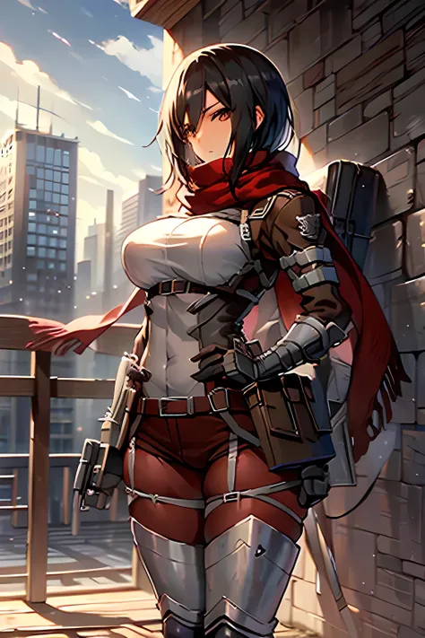 Mikasa ackerman,AOT outfit,3d maneuver gear,perfect breasts,thick thighs,slim waist, pretty,beautiful scenery of AOT behind,standing on the huge walls of AOT,red scarf in neck waving,tall girl,