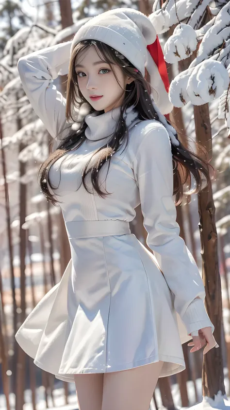 ulzzang-6500-v1.1, (RAW photo: 1.2), (Real photo), (Real photo: 1.4), 1 girl、Perfect anatomy、1、Looking at the camera、Medium length hair、She is dancing and dancing, winter uniform dress, on the pine hill, the whole hill is covered in snow, ((on the pine hil...