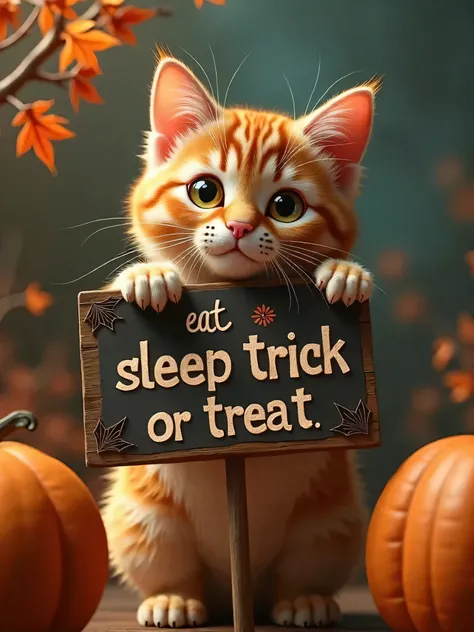 A cute cat holding a sign that reads "Eat Sleep Trick or Treat" beside a pumpkin, embodying autumn and Halloween. The image features a single cat with a detailed face, expressive eyes, and furry paws, rendered in photorealistic quality with vivid colors an...