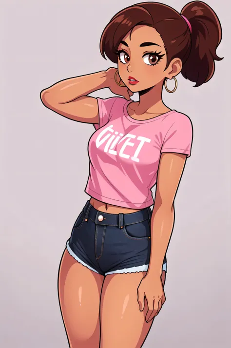 hotify,parted lips,tan skin,dark tan skin, latina girl, (tight undersized pink t-shirt),check copyright,1girl,wavy hair,red-lipstick, round hoop earrings, bubbly, Pink t-shirt, female,brown_hair,hair ponytail,non-web source,brown eyes,simple, almond sharp ...