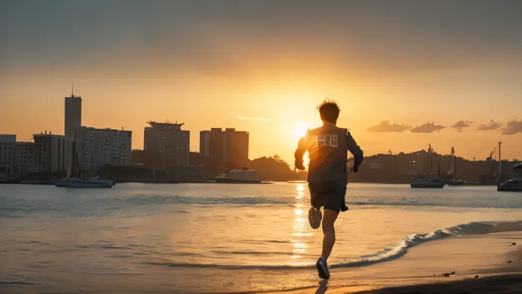 A handsome young Chinese man running in the sunset, a quiet harbor, back view