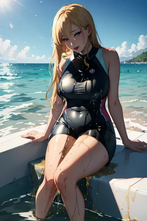 anime, best quality, high quality, highres, beautiful women, tanned gyaru, blonde hair, high detail, good lighting, lewd, hentai, (((wet bike shorts))), ((wet clothes)), ((soaking wet)), ((wetlook)), bare thighs, nice legs, (((wetting herself))), (((peeing...