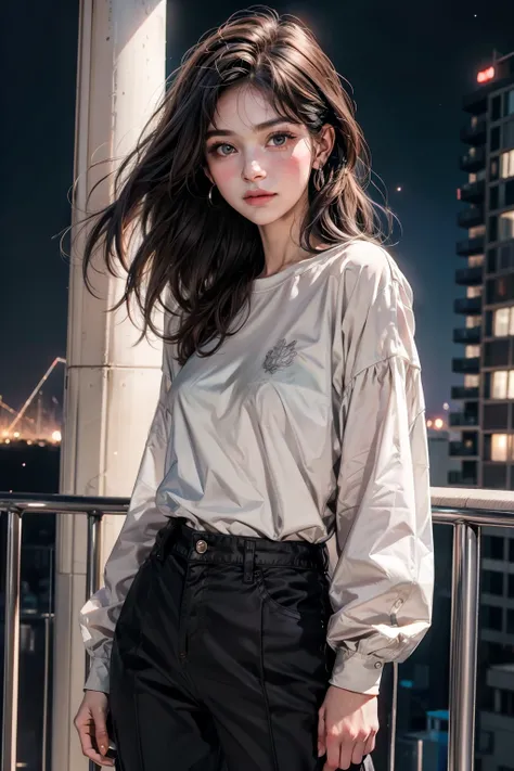 A beautiful woman. Mid twenties. Detailed drawing of the face. Dark brown hair. He is looking at the camera with a serious expression. She is wearing a long-sleeved shirt and pants. He holds a foldable smartphone in one hand. A night city exists in the spa...