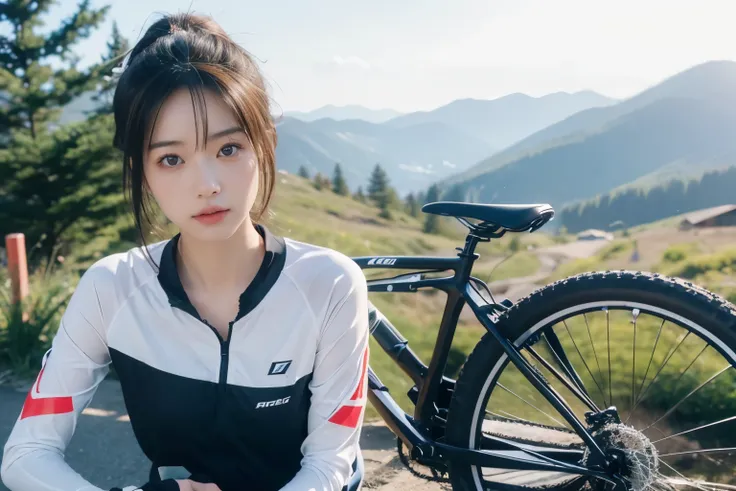 beautiful japanese woman with cycling gear resting on a mountain bike, extremely detailed face and eyes, anatomically perfect proportions, realistic, photo, highly detailed, 4k, 8k, masterpiece, ultra-detailed, physically-based rendering, sharp focus, vivi...