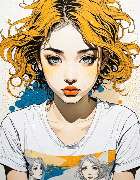 Super detailed, top quality, (abstract mixed media art of manga and Lautrec drawings), delicate and precise contours, coloring with acrylic paints, halftone color, beautiful portrait of one girl with relaxed expression, pose from head to chest, lofi girl, ...