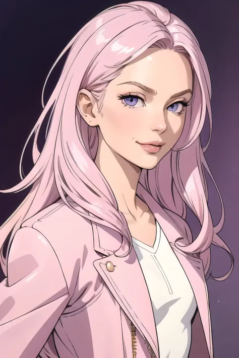 (masterpiece, best quality), intricate details, thin, ((slim)), beautiful girl, Light pink hair, white skin, light purple eyes, sharp jawline, cropped jacket, messy hair, lips, upper body, smirk