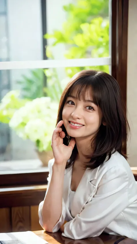 Professional headshot of a Japanese female news anchor in her twenties. Slightly asymmetrical, oval face, bright almond-shaped eyes, small nose, dazzling smile and full lips, shiny black shoulder-length hair, wearing white blazer, sitting at news desk faci...