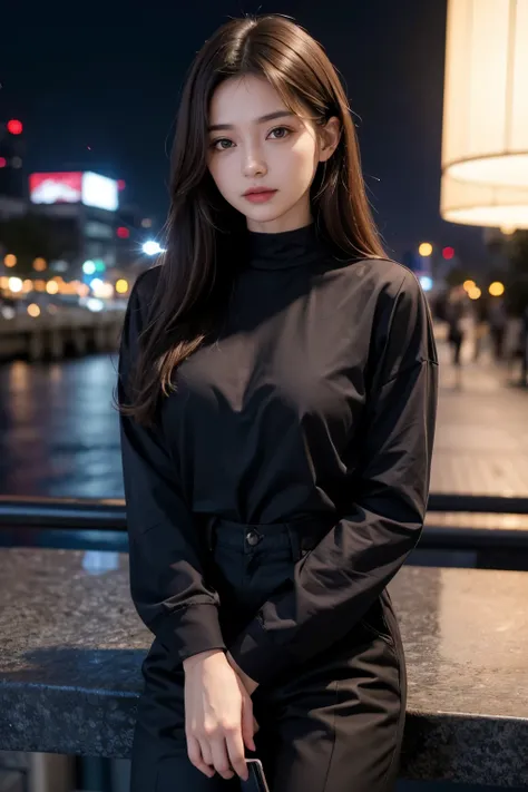 A beautiful woman. Mid twenties. Detailed drawing of the face. Dark brown hair. He is looking at the camera with a serious expression. She is wearing a long-sleeved shirt and pants. He holds a foldable smartphone in one hand. A night city exists in the spa...