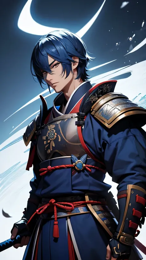 High detailed male, samurai warrior, blue color