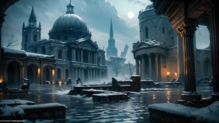 (Snow City) (Dark Fantasy) (night) Rain marks in the water. Storm in the ruins.  Ruins of flooded cities , Streets of flooded rock ,  caicheiras in Flooded Coliseum,  flooded fantasy city  (caravaggio)

