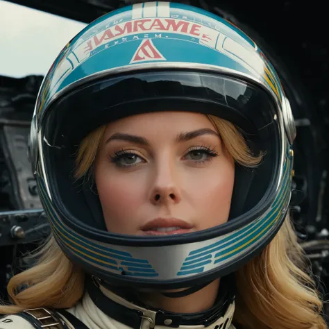  close-up of a woman wearing a helmet and a close-up of a woman wearing a helmet, 2021 cinematic 4K frame grab , Barbarella, Anna Katharina Block,  cockpit fighter pilot , Sulky : : Wes Anderson, Retro Photography, Enraged beautiful woman, 1960s, Faster, A...