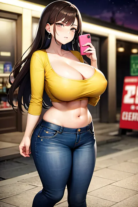 Gal with huge breasts long sleeve yellow t-shirt sleeve is black, slightly angry, gray jeans, chest, brown hair, long hair, brown skin, crocs, earrings to wear on ears, heavy makeup, late at night, standing in the parking lot in front of a convenience stor...