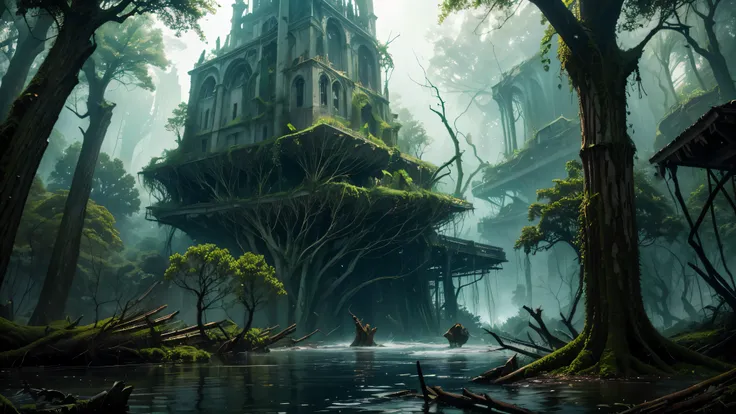 (Green forest City) (Dark Fantasy) (night)  forest storm marks in the water . Storm over trees in the ruins .  City ruins among oaks , Streets of flooded rock ,  waterfalls between fallen trees flooded,  flooded fantasy city ruin  (caravaggio)