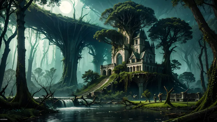 (Green forest City) (Dark Fantasy) (night)  forest storm marks in the water . Storm over trees in the ruins .  City ruins among oaks , Streets of flooded rock ,  waterfalls between fallen trees flooded,  flooded fantasy city ruin  (caravaggio)