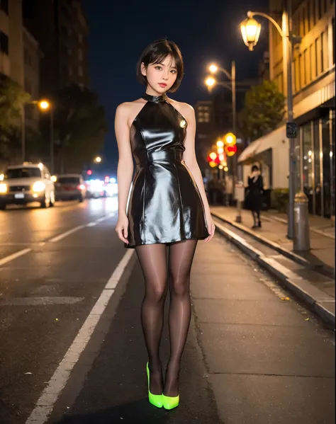 cute young woman, short black hair,  brown eyes , ,the latest popular dresses,  super realistic pantyhose 、street lights,neon,bu...