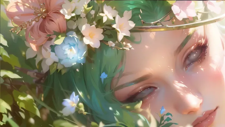 there is a woman with green hair and a crown of flowers, loish and wlop, artwork in the style of guweiz, exquisite digital illustration, artgerm and atey ghailan, inspired by WLOP, loish and ross tran, detailed painting 4 k, beautiful digital illustration,...