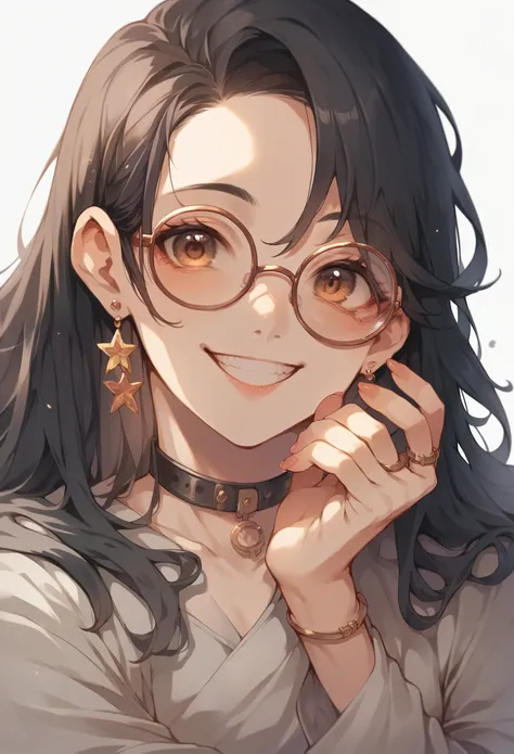 18 years old girl, side-part long black hair, smiling brightly, wearing fashionable glasses, big brown eyes.