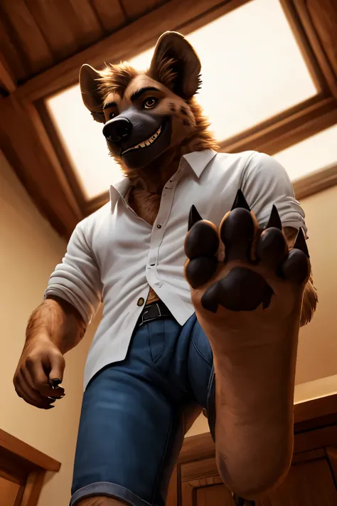 handsome, hyena, scruffy fringe, wearing a pale white buttoned shirt, ,eyes with a mischievous glint, brown eyes, average build, good eyes, warm lighting, 8k semi realistic, low angle, small grin, foot paw (5 toes ) ((small claws on toes))