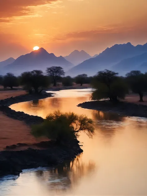 Sunset on the river with mountains in the background, Stunning scenery, Beautiful lighting landscape, Tranquil scenery,  amazing natural scenery in the background, Mountains, rivers and trees, Stunning views, Warm and beautiful scene, Mysterious setting, S...