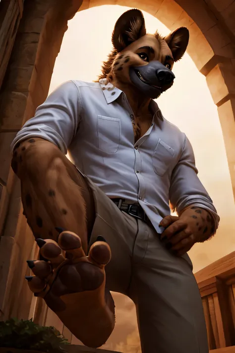 handsome, hyena, scruffy fringe, wearing a pale white buttoned shirt, ,eyes with a mischievous glint, brown eyes, average build, good eyes, warm lighting, 8k semi realistic, low angle, small grin, foot paw (5 toes ) ((small claws on toes))