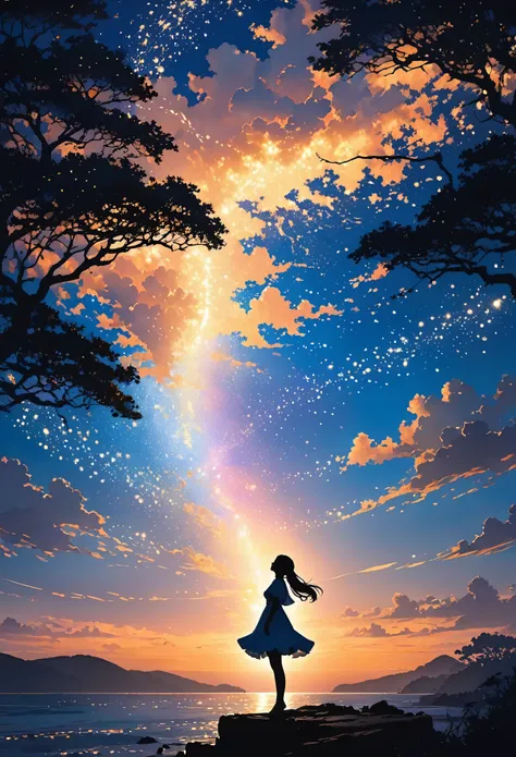 The image depicts a silhouette of a girl standing against a stunning sunset background. The sky transitions from a deep White, near the horizon to a deep Electric blue as it ascends. The figure appears to be enveloped in a series of tiny glowing fairy ligh...