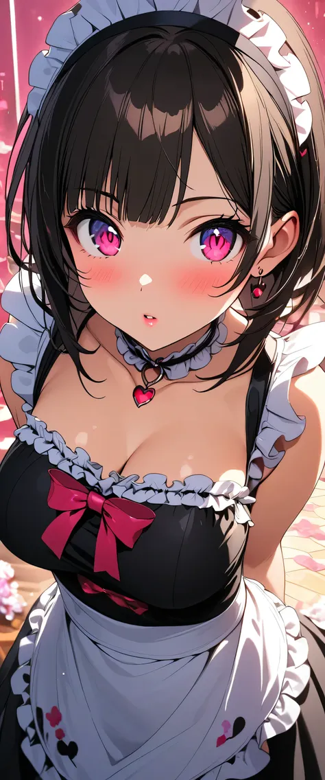 (beautiful girl: 1.3),One girl,masterpiece,Please redeem,Ultra-high resolution,Rich contrast,Very high quality,8k,Highly detailed CG unit wallpaper,Texture,So ridiculous,RAW Photos,Please redeem anime,Depth of written boundary 1.2,ultra-detailed eyes,Glowing Skin,Glitter Effect,Beautiful glossy lips,bashou \(Senran Kagura\),Maid Cafe,Maid uniform