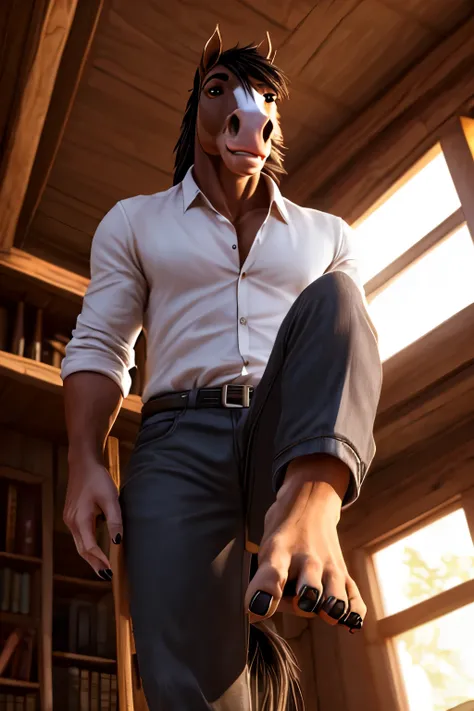 handsome, horse, scruffy fringe, wearing a pale white buttoned shirt, ,eyes with a mischievous glint, brown eyes, average build, good eyes, warm lighting, 8k semi realistic, low angle, small grin, foot (((five toes))) ((Long nails)) (feet fetish)
(black na...