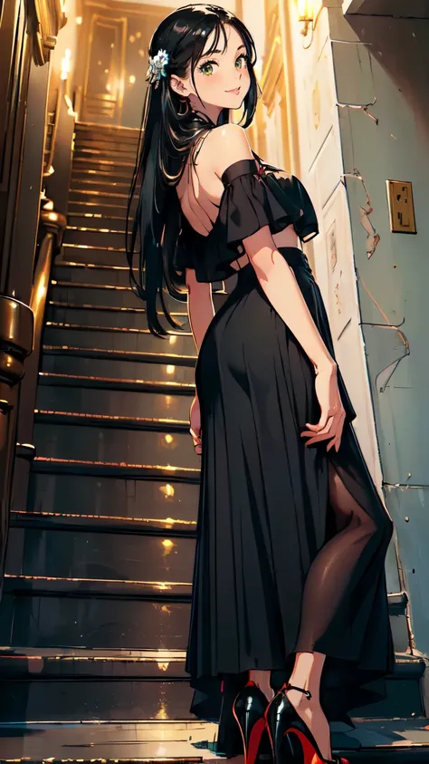 ((masterpiece, high resolution, better quality, better details)), ((Smiling)), ((one girl)) a girl in stairs, full body, maxi skirt, long skirt, ((long skirt without openings)),((louboutin high heels)), green eyes , ((black hair, long hair)), shiny skin, f...