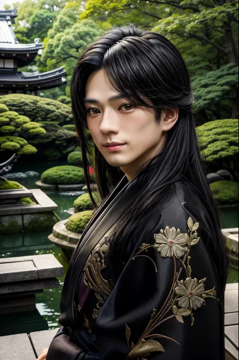 masterpiece, best quality, extremely detailed, hyperrealistic, photorealistic, a japanese 20s man, heavyset, ultra detailed face:1.2, double eyelid, very long hair, black hair, black kimono, smiling, japanese style garden