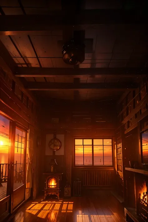 (Best Quality:1.2)。steampunk。Inside the witchs house。 Living room with fireplace 。Sunset plugged in 。 Viewpoint looking down from an angle。