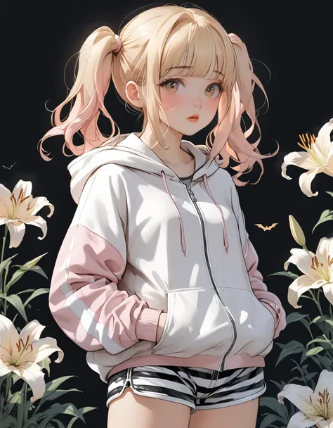 Masterpiece, best quality, Halloween Atmosphere, wide shot, 8K, very aesthetic, absurdres, sketch, from side, 1girl, looking at viewer, hoodie lift, lifted by self, exposed Lower abdomen, beautiful white background showing lily, Beautiful many Lilies, plat...