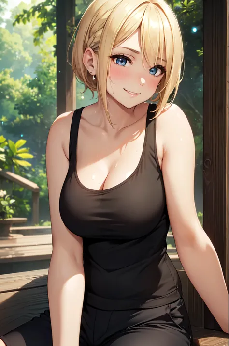 (High quality, High resolution, Fine details), forest park, woman in a black tank top, short pants, solo, curvy adult women, blonde hair, elegant hairstyle, sparkling eyes, (Detailed eyes:1.2), smile, blush, Sweat, Oily skin, Soft tones, shallow depth of f...