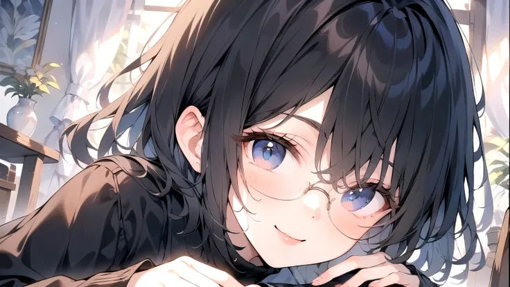 ((Best Quality)), ((masterpiece)), (detailed), One Girl,   black turtleneck , blue eyes,  Black-rimmed glasses, Short Hair , Blue Hair ,Curly hair ,  orange long skirt,  Browse Viewers , Open clothes, Long sleeve, smile, charming background , ３０age, Study,...