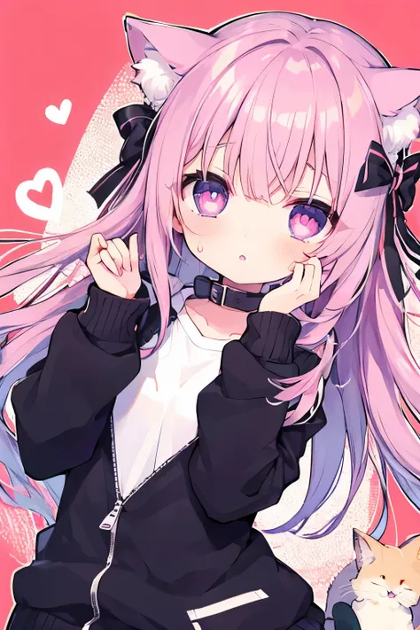 Oversized jacket、Putting on a collar、elementary school girl、,Pink Shortcut,Very beautiful and Shining Eyes、Shining Eyes、1 girl、Small breasts、Cat ears elementary school girl、Very beautiful and Shining Eyes、Shining Eyes、1 person、cat ears、((((()))))、heart❤、((...