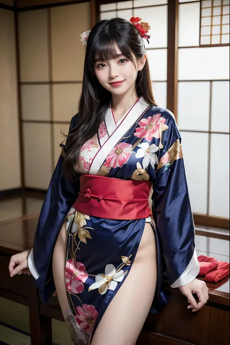 Japanese beauty, Japanese Kimono, smiling, ((masterpiece)), ((top quality)), ((super detailed)), 1girl, glistening skin, Tight hips and legs, absolute area, enough to make a man cum, enough to make him imagine. Her breasts are facing up