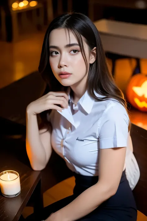 Close-up, high angle shot, 1 girl, {{Beautiful young woman in white short sleeve shirt and black pencil skirt}} lying on her back on a desk, with a Halloween pumpkin, in an abandoned classroom at night, with dim candles, bokeh in the background, dark atmos...