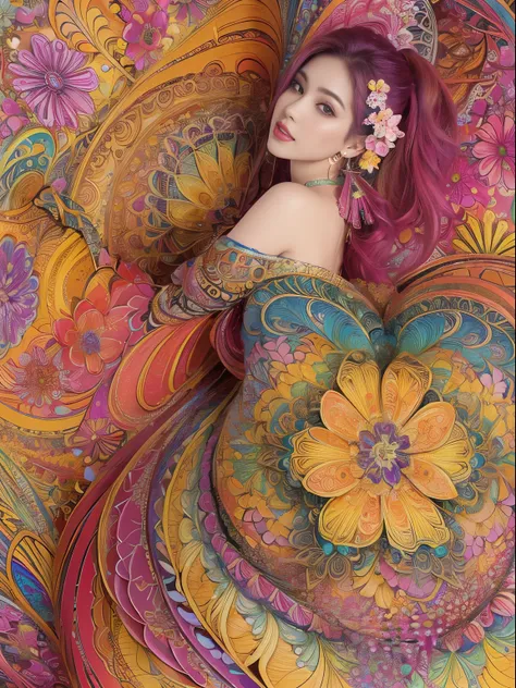 (masterpiece, top quality, best quality, official art, beautiful and aesthetic:1.2), (1girl:1.3), extremely detailed,(fractal art:1.1),(colorful:1.1)(flowers:1.3),highest detailed,(zentangle:1.2), (dynamic pose), (abstract background:1.3),  (shiny skin), (...