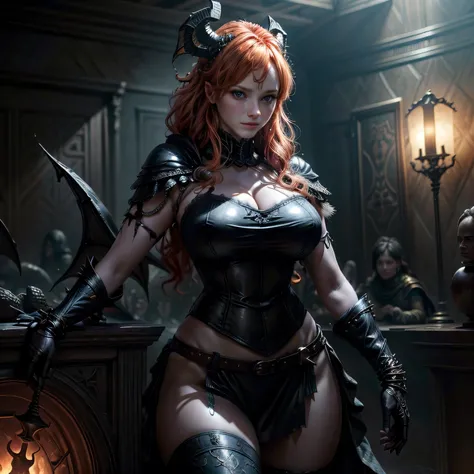 A 25 year old medieval fantasy warrior of extreme beauty, divine and perfect proportions, stands proudly facing forward in foreshortening, with her hands on her waist, mistress of evil, wicked and diabolical, she smiles sensually and looks straight at the ...