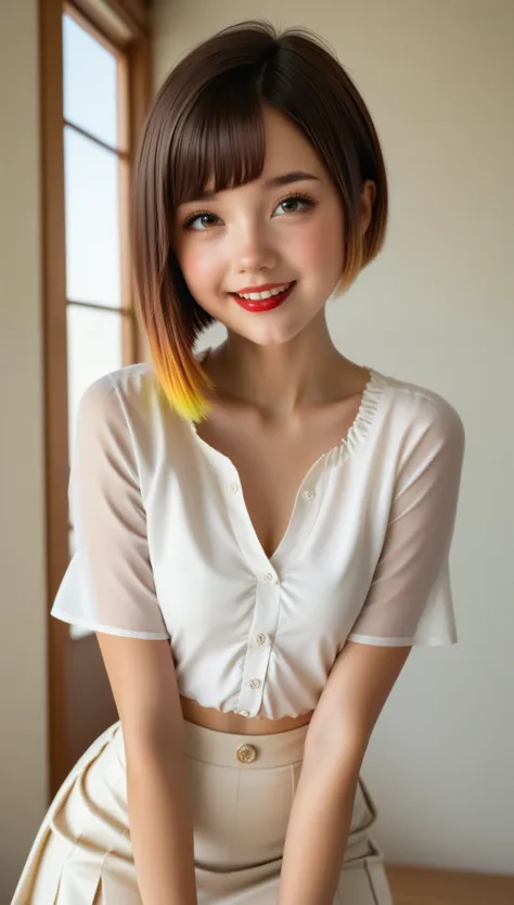 blush a little and laugh, (Top quality masterpiece:1.2) Delicate illustrations,  very detailed, Beautiful woman、1 person,Very cute and slim、 amazing style  、((8K images、 very high quality))、Very delicate face, Skin and Hair、Beautiful forehead、Red lipstick、...