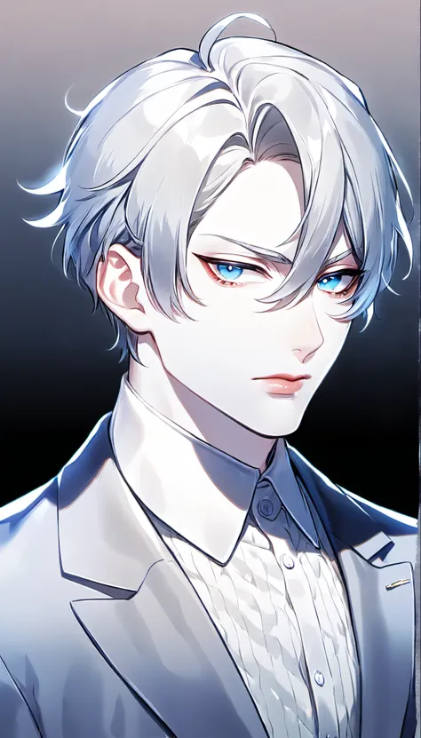 Boy, silver hair, blue eyes, serious sharp features, white skin, shiny lips, handsome, perfect, sweater, formal jacket.