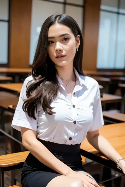 Close up,1 girl{{A beautiful woman wearing a white short-sleeved shirt and a black pencil skirt}} , striking a sexy pose. with several lecture tables set up behind it There is a sliding glass window. There was evening light streaming into the room.