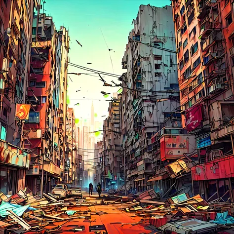  Heres a picture of a city street,There are a lot of debris on it, Post-apocalyptic city streets, in a  Ruined cityscape , outdoors  Ruined cityscape ,  Matt painting comic art , In a tropical and dystopian city, Destroy the city ,  Ruined cityscape , Stre...