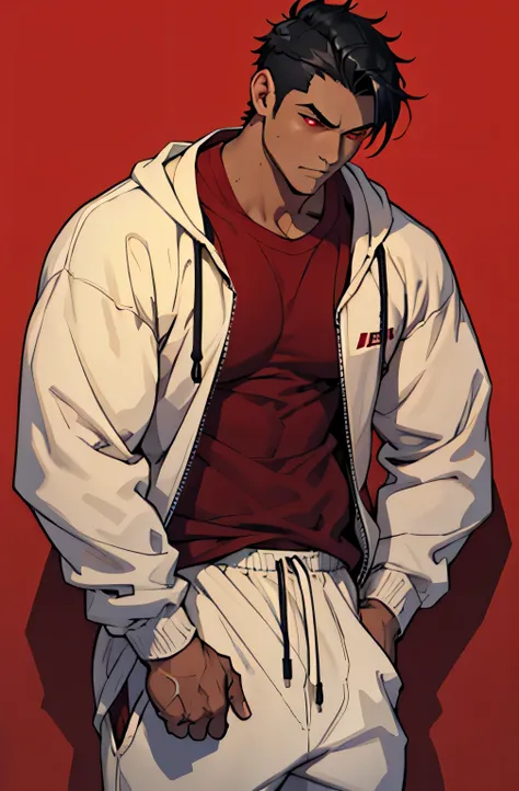  An adult and young man of strong bearing and tanned skin. your black hair,  smooth and short frame an expressive face , while your red eyes, intense and captivating , capture attention. He wears loose-fitting sweatpants. red background.